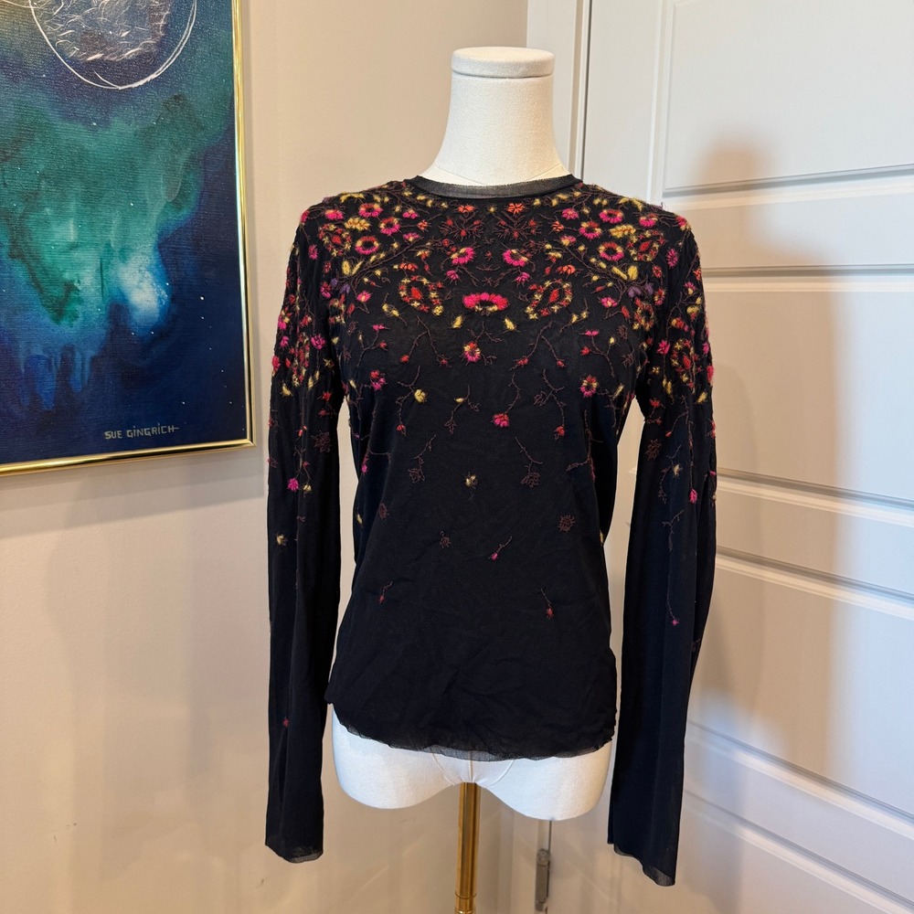 Y2K Vivienne Tam Black Mesh Long Sleeve Size 2 Embroidered Top Bohemian Vintage